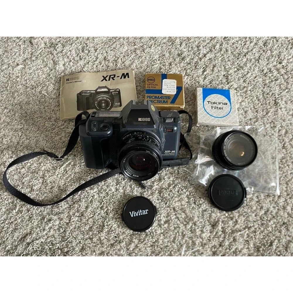 Vtg Ricoh XR-M Camera Bundle W strap & Rikenon + Vivitar Lenses + Filters Manual
